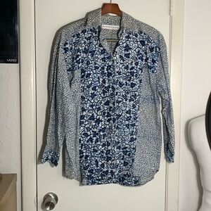 Tony Lambert vintage blue and white batik dyed print men’s button-down S